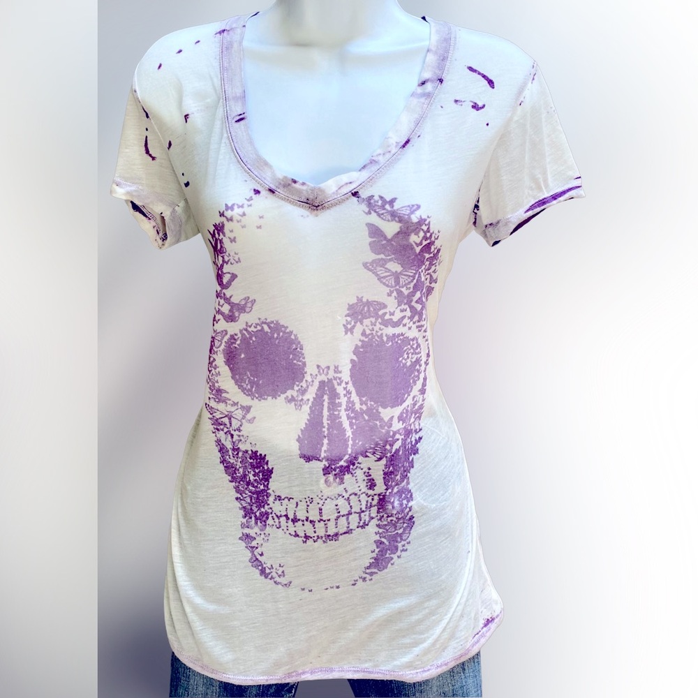 Butterfly Skull Tee - Super Soft, Sheer, Burnout Wash, Stretch - Sz Jr L - NWOT